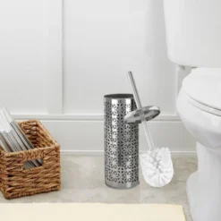 Laser Cut Chrome Toilet Brush Holder With Lid - Metallic Silver - Nu Steel