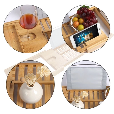 PiccoCasa Bamboo Extendable Adjustable Bathtub Bathroom Side Caddy Tray 40.2" X 8.9" X 1.6" Brown 1 Pc