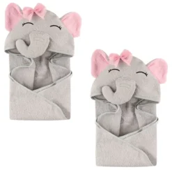 Hudson Baby Infant Girl Cotton Animal Face Hooded Towel, Pretty Elephant 2-Piece, One Size