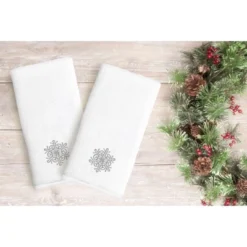 2pk Silver Snowflake Holiday Hand Towel Set White - Linum Home Textiles
