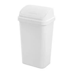 Sterilite 13 Gallon Plastic Swing Top Spave Saving Flat Side Lidded Wastebasket Trash Can For Kitchen, Garage, Or Workspace, White (16 Pack)