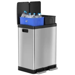 ITouchless Step Pedal Kitchen Trash Can And Recycle Bin Combo With AbsorbX Odor Filter And Removable Inner Buckets 16 Gallon Stainless Steel