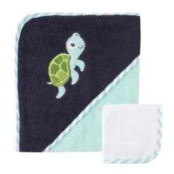 Luvable Friends Baby Boy Cotton Hooded Towel And Washcloth, Turtle, One Size