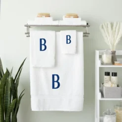 Juvale 3 Piece Letter B Monogrammed Bath Towels Set, White Cotton Bath Towel, Hand Towel, And Washcloth W Blue Embroidered Initial B For Wedding Gift