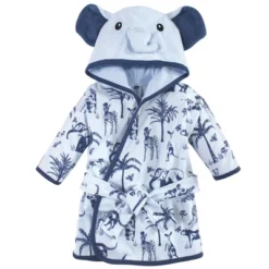 Hudson Baby Infant Boy Cotton Rich Bathrobe, Blue Elephant, 0-9M