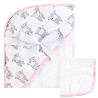 Hudson Baby Infant Girl Cotton Hooded Towel And Washcloth 2pc Set, Little Lamb, One Size