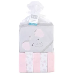 Hudson Baby Infant Girl Hooded Towel And Five Washcloths, Pink Elephant, One Size