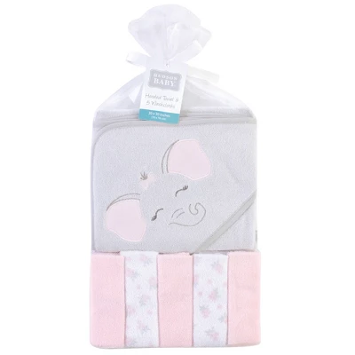 Hudson Baby Infant Girl Hooded Towel And Five Washcloths, Pink Elephant, One Size