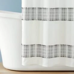 Clipped Jacquard Stripe Shower Curtain Sour Cream/Railroad Gray - Hearth & Handâ„¢ With Magnolia