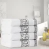 100% Cotton Medium Weight Floral Border Infinity Trim 4 Piece Bath Towel Set By Blue Nile Mills